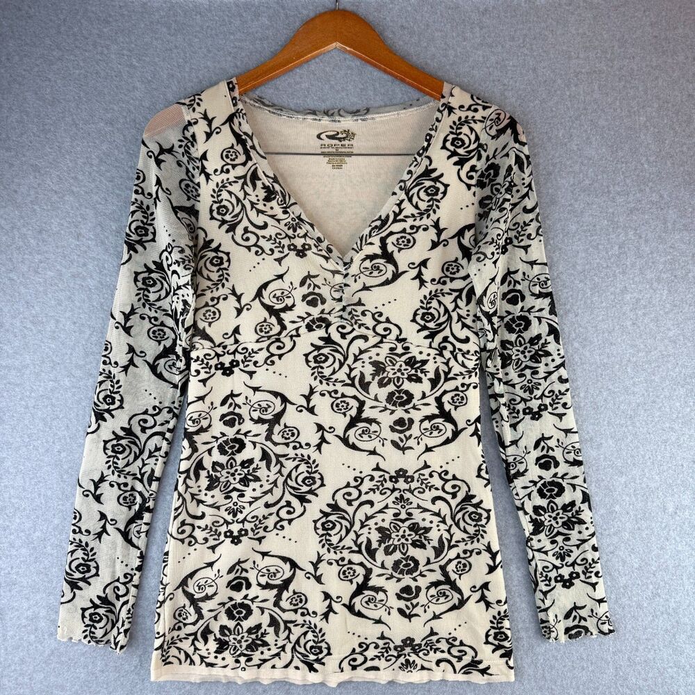 'Roper' Black & White Mesh Long Sleeve Shirt Floral Pattern Size M Boho Scunched - Picture 3 of 6